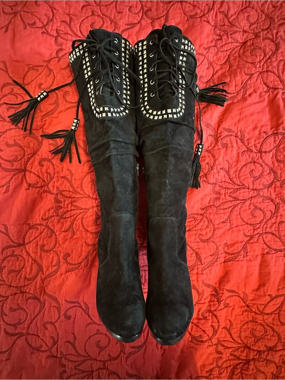 Saks Fifth Avenue Black Suede Over-the-Knee Studded Lace-Up Boots